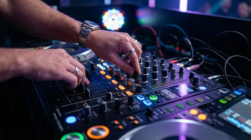 ידיים של די ג'יי מערבבות מוזיקת טראנס